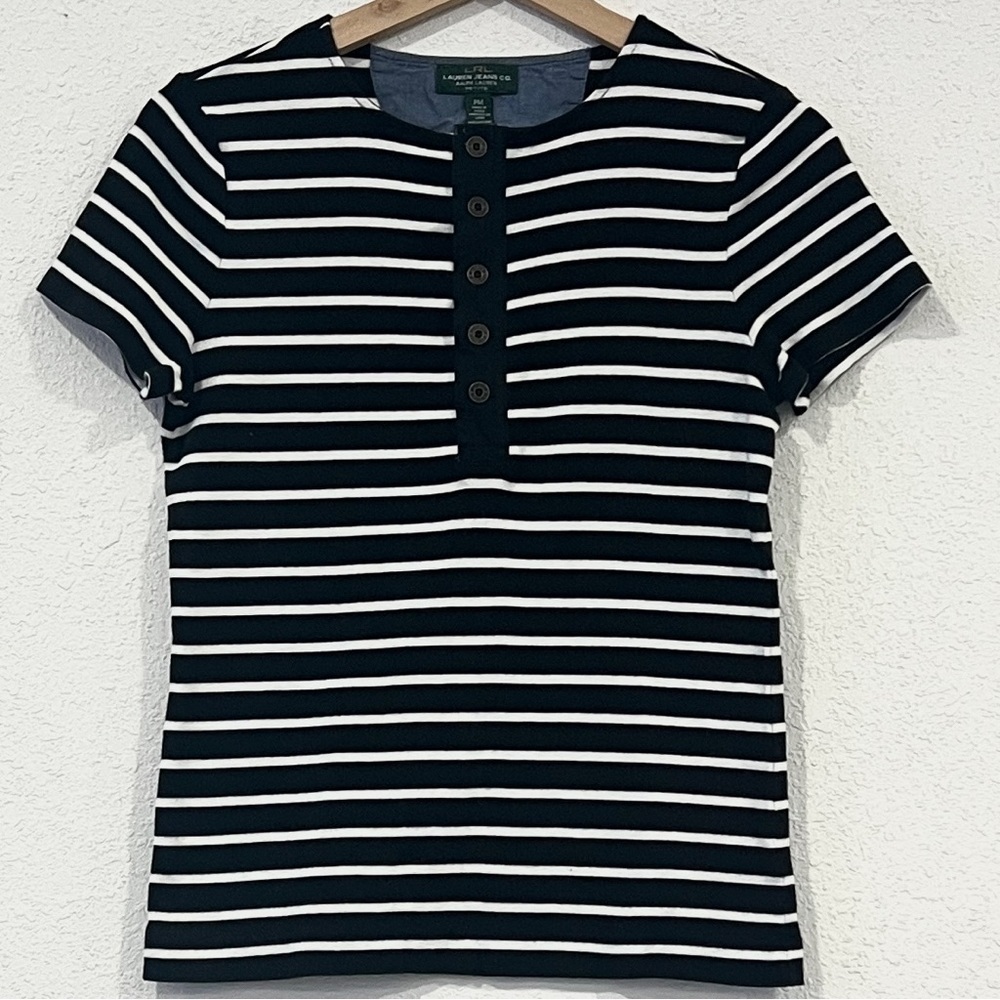 Lauren Jeans Ralph Lauren Petite Womens Black and White Short Sleeve Top Size M